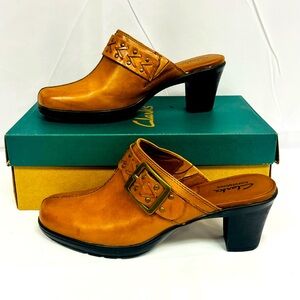 Clarks Bendables Mirabelle Womens Tan Brown Leather 2.5" Heel Clog Mules 8M NEW